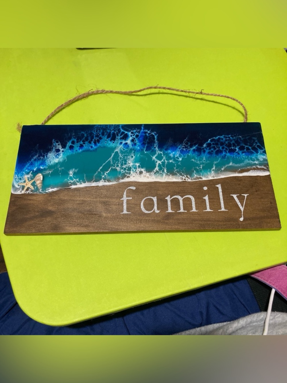 Family Beach Wave Wall Hanging - Ocean Teal & White